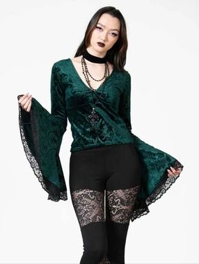 Killstar Aethling Green Velvet Flare Sleeve Top